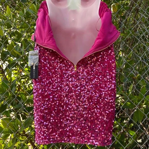 Fashion Nova Pink Sequin Corset Mini Dress Size M 8 Halter Velvet Stretch Party - Picture 9 of 16